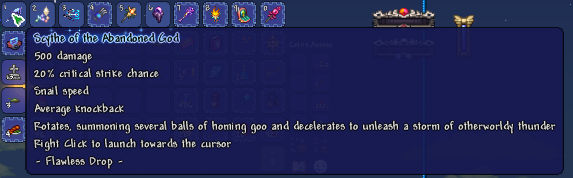 Image displaying the Scythe of the Abandoned God, a drop from Astrageldon that can only be obtained if the fight was done flawlessly
