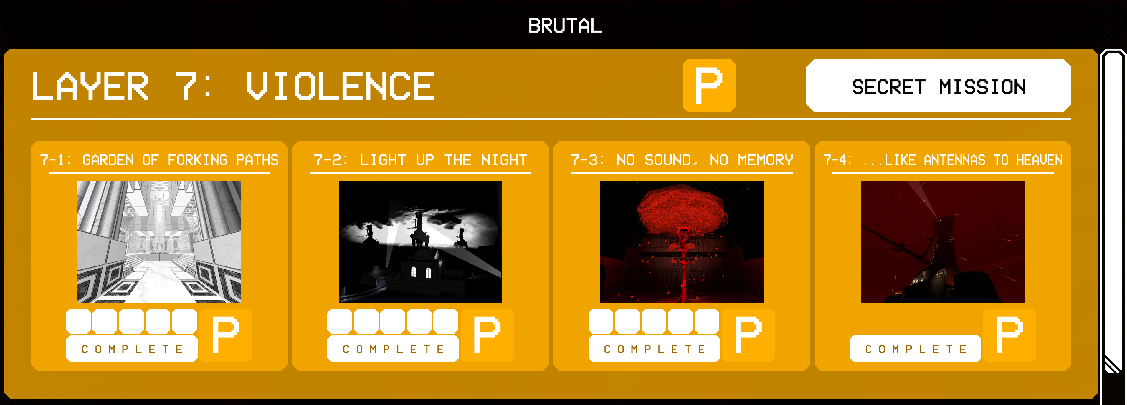A screenshot of ULTRAKILLS act 3 level select, showing all of VIOLENCE has been completed with P-Ranks, including the secret level