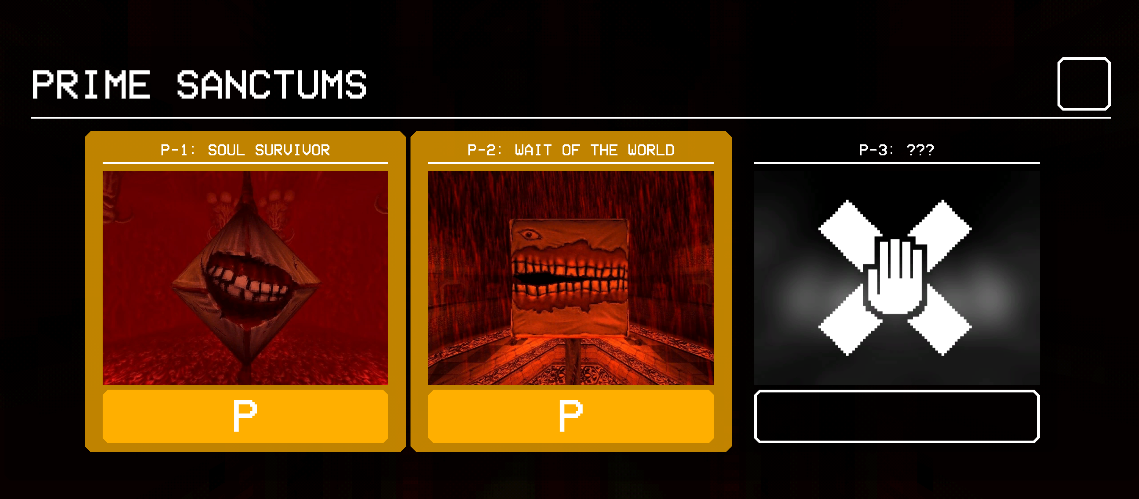 A screenshot of ULTRAKILLS Prime Sanctum level select, showing that both P-1 and P-2 have been completed with P-Ranks